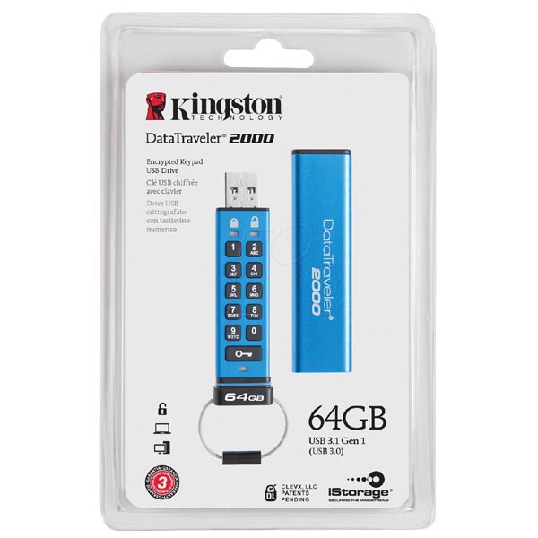 Kingston USB flash disk, USB 3.0 (3.2 Gen 1), 64GB, Data Traveler 2000, modrý, DT2000/64GB, USB