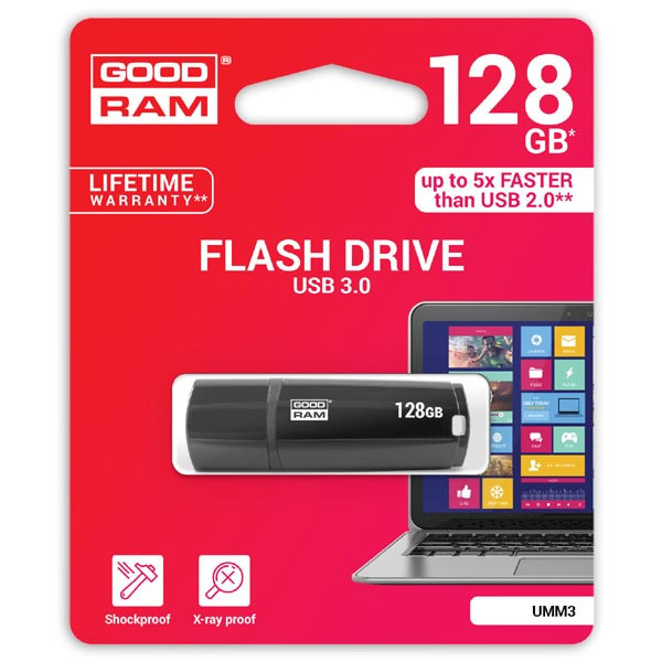Goodram USB flash disk, USB 3.0 (3.2 Gen 1), 128GB, UMM3, černý, UMM3-1280K0R11, USB A, s krytko
