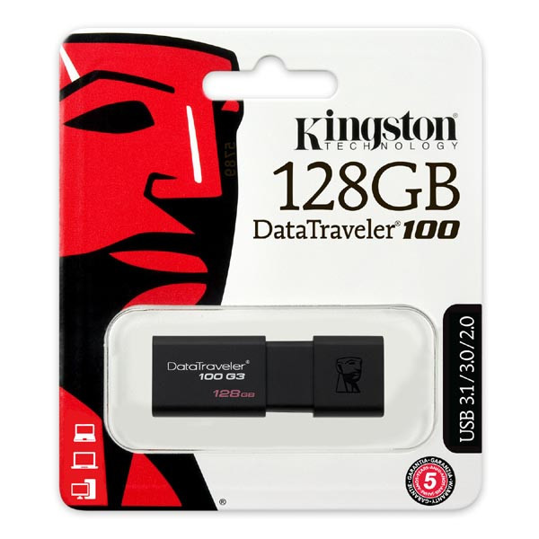 Kingston USB flash disk, USB 3.0 (3.2 Gen 1), 128GB, DataTraveler 100 Gen3, černý, DT100G3/128GB