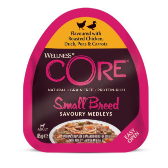 Konzerva Wellness Core Dog Savoury Medleys Adult Small kuře, kachna, hrášek a mrkev 85g