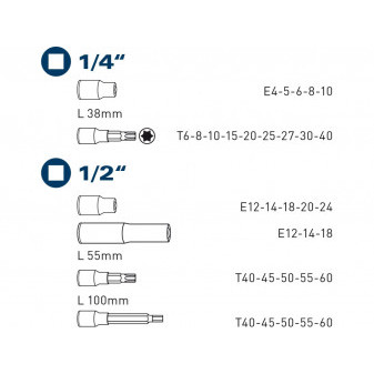 hlavice nástrčné a zástrčné TORX, sada 32ks, 1/4', 1/2'