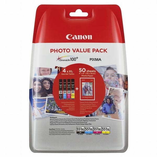 Canon originální ink CLI-551XL C/M/Y/BK Photo Paper Value Pack, CMYK, blistr, 6443B006, Canon Pi