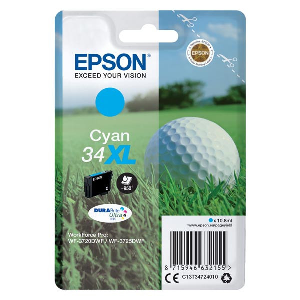 Epson originální ink C13T34724010, T347240, 34XL, cyan, 10.8ml, Epson WF-3720DWF, 3725DWF