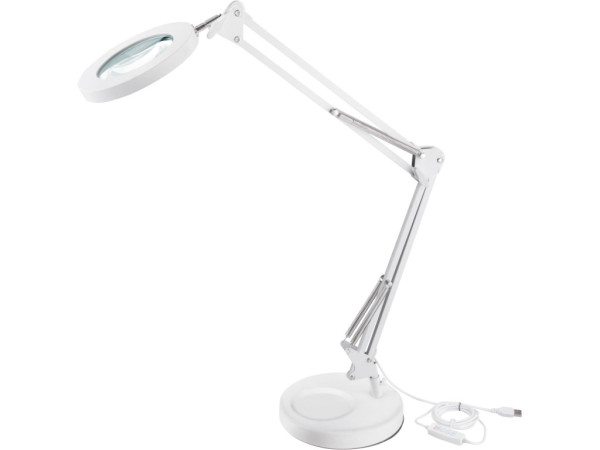 lampa stołowa z lupą, zasilacz USB, biała, 2400lm, 3 barwy światła, powiększenie 5x