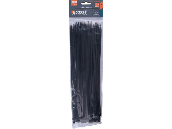 opaski kablowe czarne, 280x3,6mm, 100 szt, nylon PA66