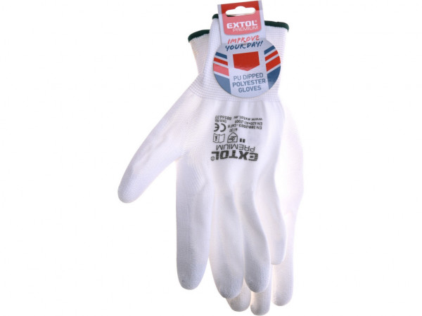 rukavice z polyesteru polomáčené v PU, bílé, velikost 10'