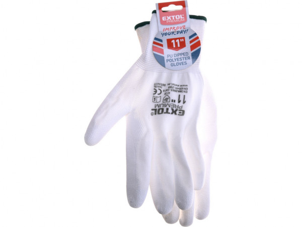 rukavice z polyesteru polomáčené v PU, bílé, velikost 11'