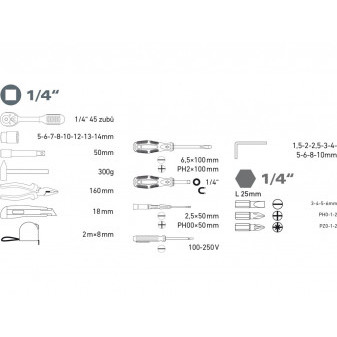 sada nářadí 39ks, 1/4'