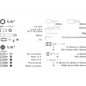 zestaw narzędzi 57-cz., 1/4', CrV