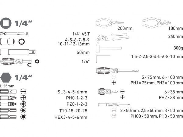 sada nářadí 57ks, 1/4', CrV