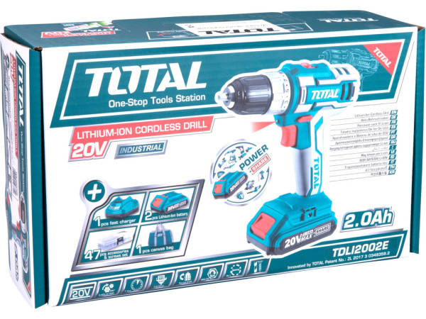 vrtací šroubovák aku, 20V Li-ion (2x), 2000mAh, v tašce, sada 47ks