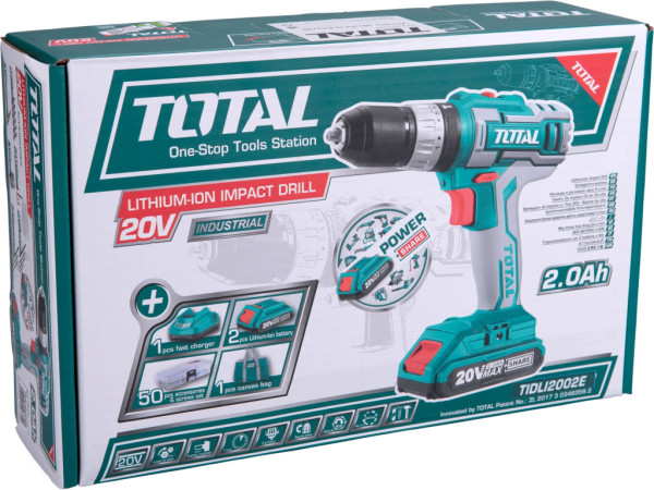 vrtací šroubovák aku s příklepem, 20V Li-ion (2x), 2000mAh, v tašce, sada 50ks