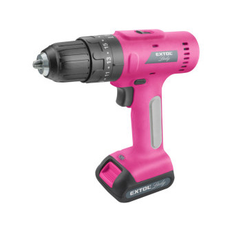 vrtací šroubovák aku s příklepem, růžový, 12V Li-ion, 2000mAh, v kufru s nářadím, sada 27ks, EXT